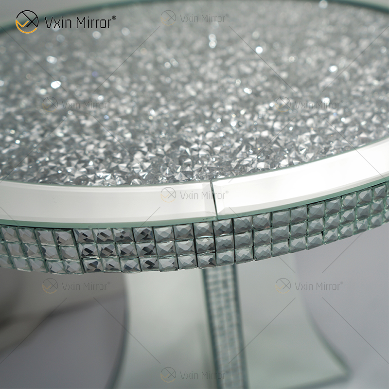 Pasillo de lujo, gabinete de espejo de cristal de diamante triturado, mesita de noche redonda plateada con espejo, sofás, mesa de centro, muebles, WXF-145