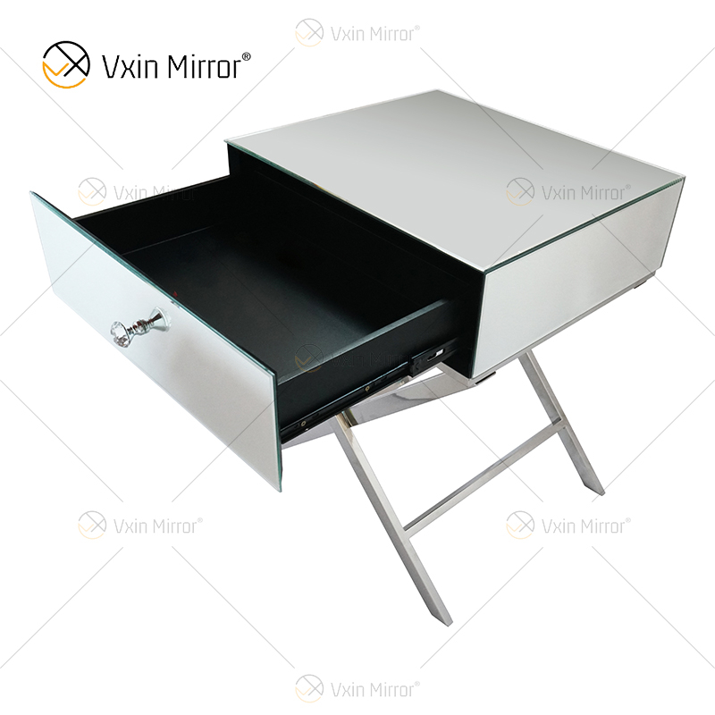 Vanity Modern WXF-046, muebles de acero inoxidable plateado, mesita de noche de cristal con 1 cajón, mesita de noche con espejo