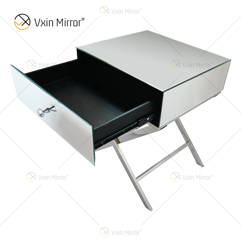 Vanity Modern WXF-046, muebles de acero inoxidable plateado, mesita de noche de cristal con 1 cajón, mesita de noche con espejo