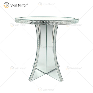Pasillo de lujo, gabinete de espejo de cristal de diamante triturado, mesita de noche redonda plateada con espejo, sofás, mesa de centro, muebles, WXF-145