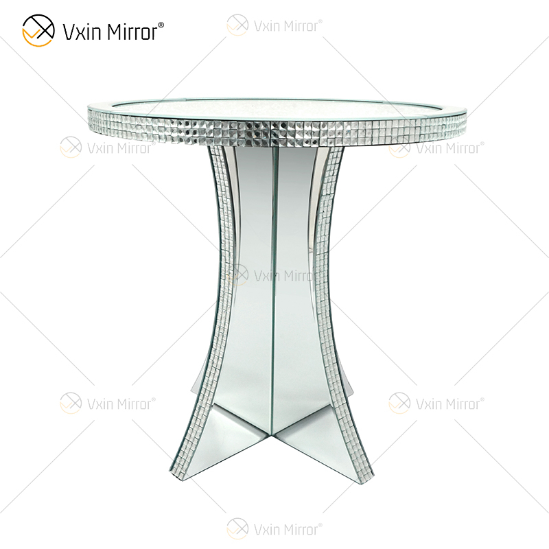 Pasillo de lujo, gabinete de espejo de cristal de diamante triturado, mesita de noche redonda plateada con espejo, sofás, mesa de centro, muebles, WXF-145