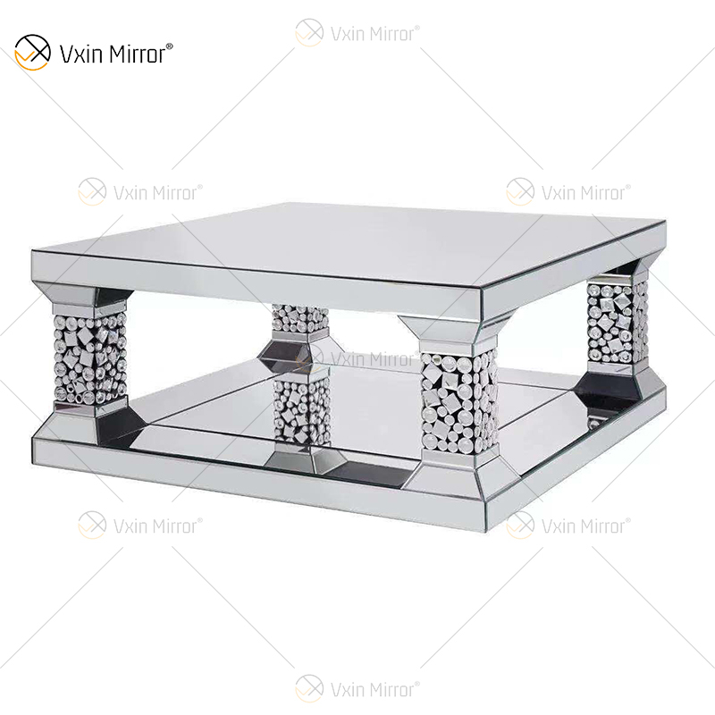 Traje de acrílico de alta calidad, espejo de pared de cristal grande plateado, mesa auxiliar, mesa de centro, juegos de cristal para sala de estar