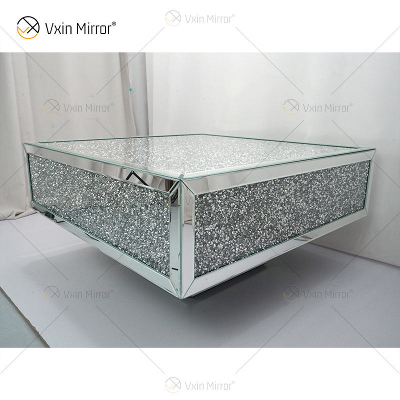 Mesa personalizada WXF-141 Mesa de centro de espejo de plata hecha en casa con diamante triturado