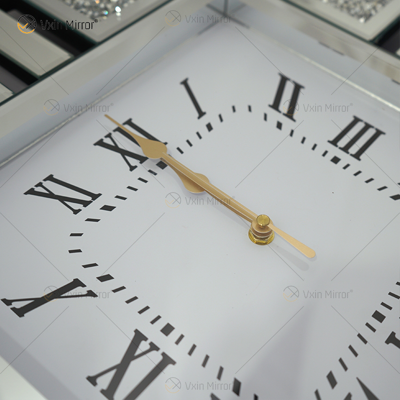 Venta al por mayor WXMC-082 reloj espejado diamante triturado plata decoración de pared elegante reloj de espejo redondo de lujo