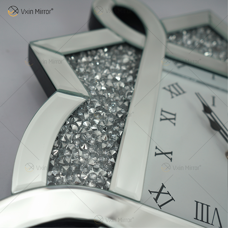 Paquete de prueba Nuevo diseño WXC-083 Reloj de pared con espejo 3D de diamante triturado plateado moderno