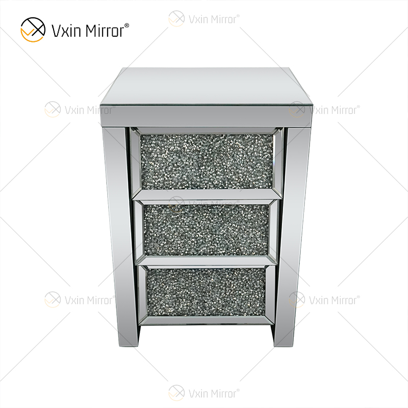 Vxin Mirror WXF-116 Mesita de noche de cristal plateado con espejo biselado Mesita de noche con 3 cajones para dormitorio