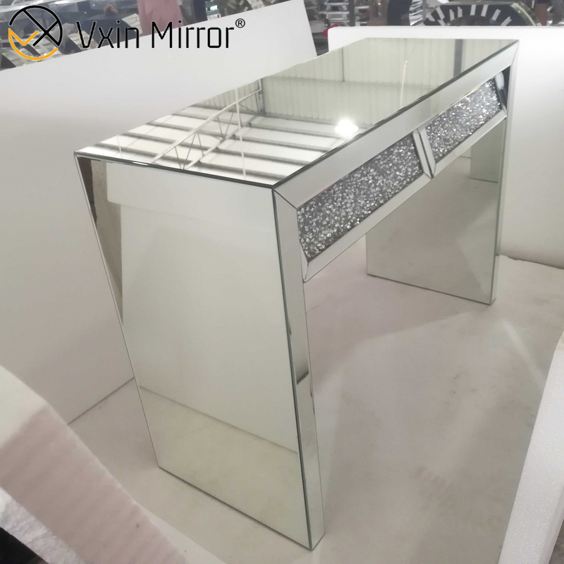 Mesa consola con espejo VXin WXWF-710 Mesa auxiliar plateada con bisel de diamante triturado de dos cajones