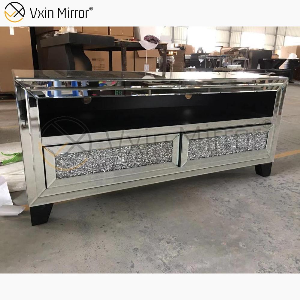 Vxin Espejo Muebles Moderno Diamante Triturado Plata Espejo Chimenea Soportes de TV con 2 Puertas