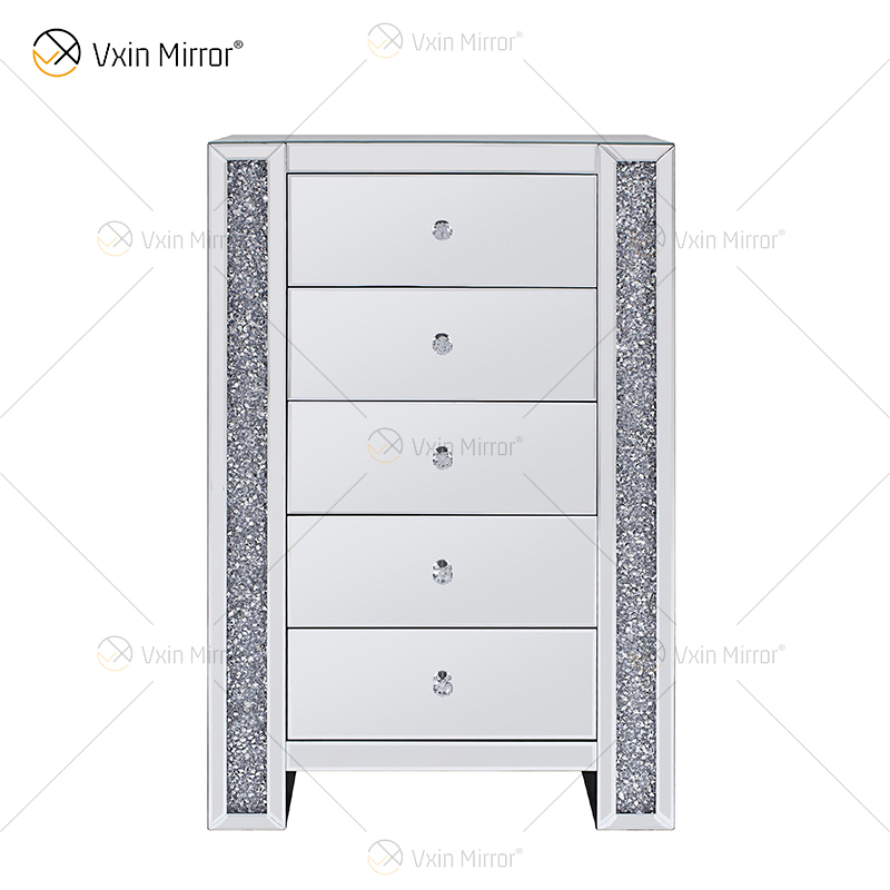 Modern Europe WXF-719 Tollboy de cinco cajones, marco de diamante triturado plateado, mesita de noche con espejo