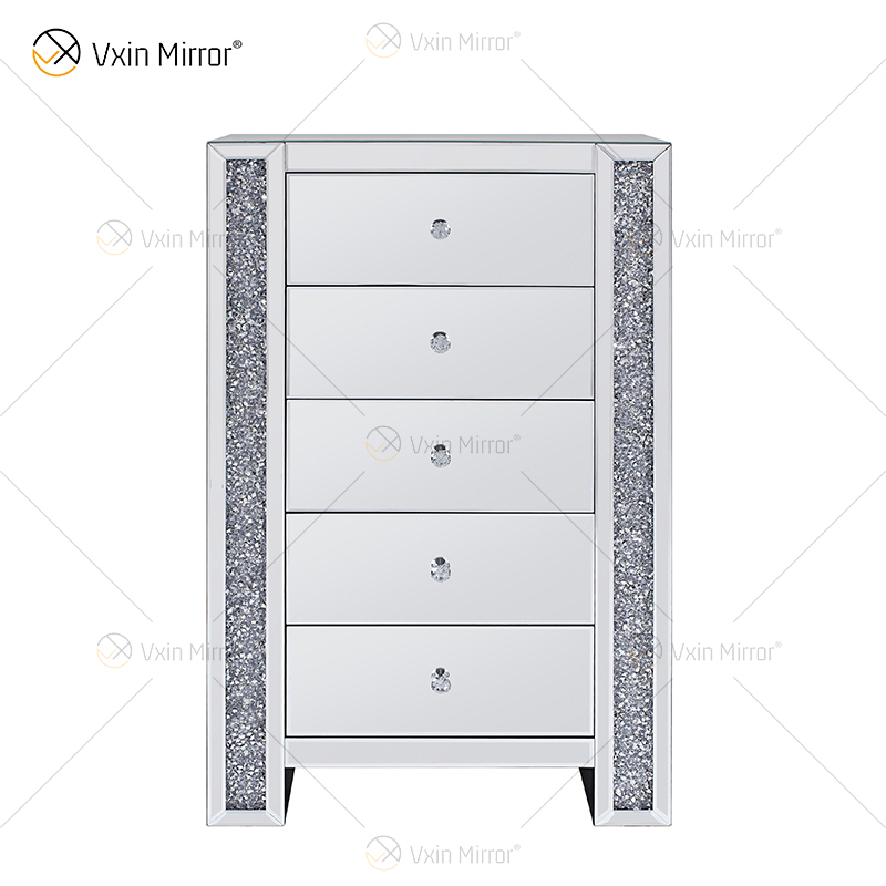 Modern Europe WXF-719 Tollboy de cinco cajones, marco de diamante triturado plateado, mesita de noche con espejo