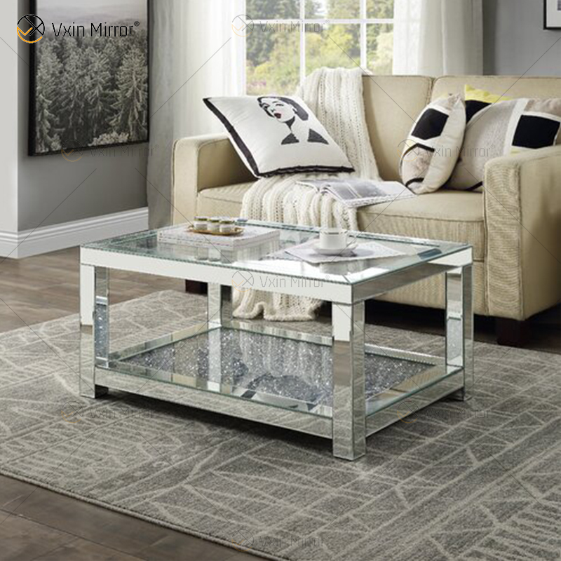 Mesa de centro con espejo de diamante triturado brillante Vxin cubierta de plata con diamantes para sala de estar