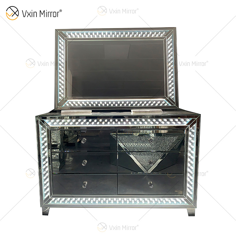 WXM-1176&WXF-2139 Conjunto de muebles LED Cuentas octogonales Espejo de maquillaje simple a la moda Gabinete con espejo 6 cajones