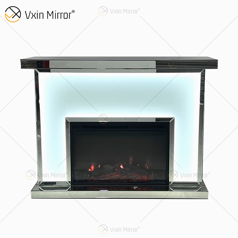 Nuevo diseño WXMF-096 LED plata vidrio esmerilado salón espejo chimenea con inserto interior
