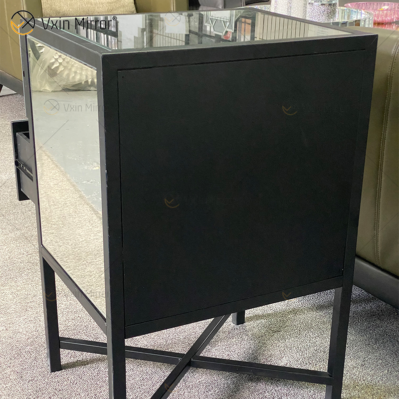 Mesita de noche de muebles de hierro forjado de vidrio plateado moderno de vanidad con 2 cajones mesita de noche con espejo para dormitorio