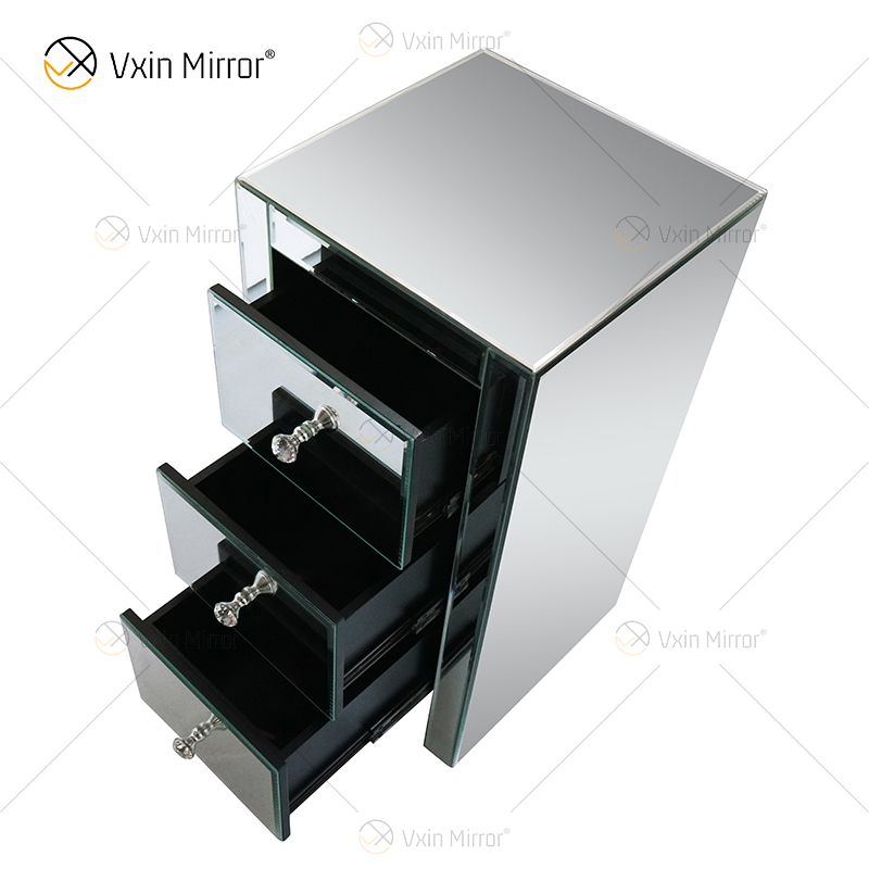 Mesita de noche con espejo de cristal plateado de tres cajones WXF-032 moderna de fábrica