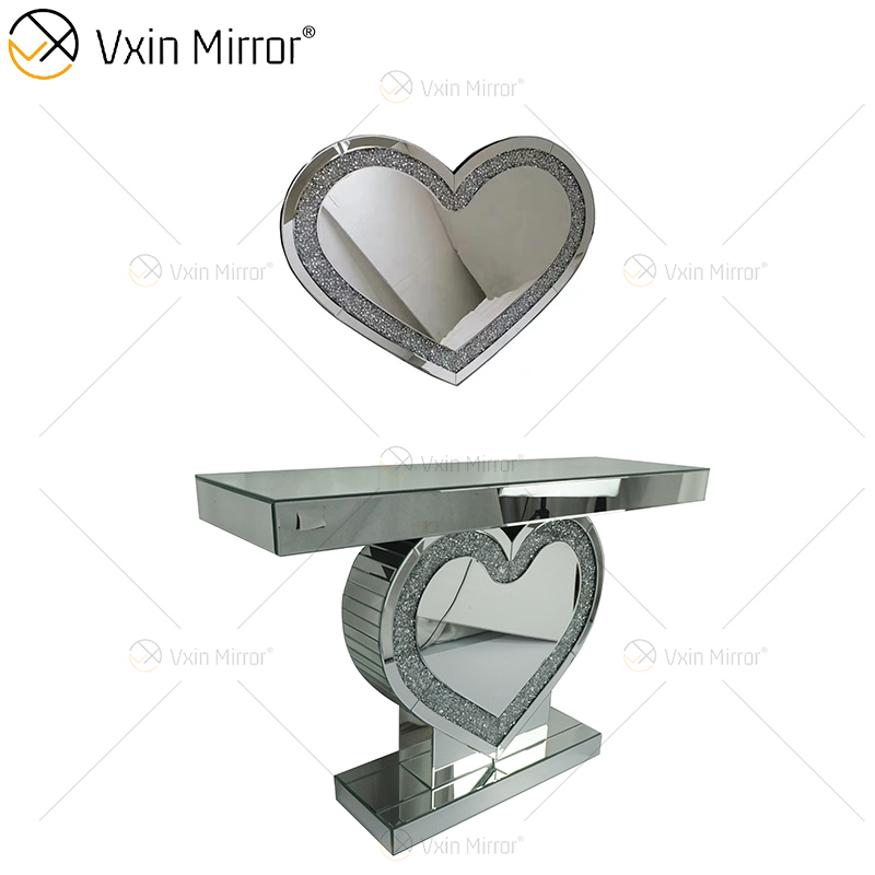 Mesa de consola de diseño de corazón de cristal plateado con suministro de fábrica de espejos Vxin con pasillo de espejo para muebles de sala de estar