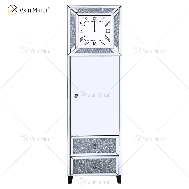 Elegante decoración para el hogar WXF-739 Gabinete de reloj de diamantes triturados con espejo plateado con 2 cajones
