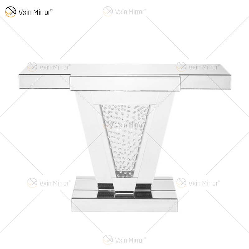 Venta al por mayor de alta calidad, mesa de consola con espejo, consola de mesa de entrada de pasillo de cristal de diamante triturado