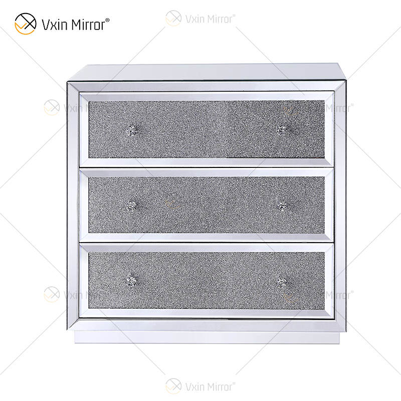 Mesita de noche de plata WXF-1001 de buena calidad con diamantes triturados, decoración moderna, mesita de noche con 3 cajones