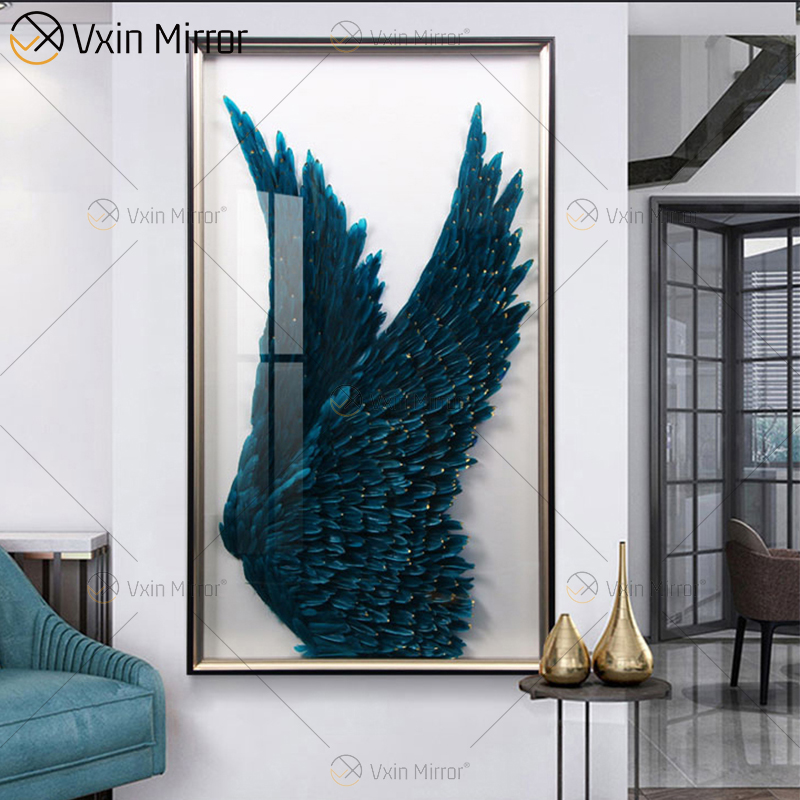 Cuadro decorativo moderno de WXPP-69 de plumas redondas, alas de plumas de Ángel 3D, pinturas decorativas en la pared para sala de estar enmarcada