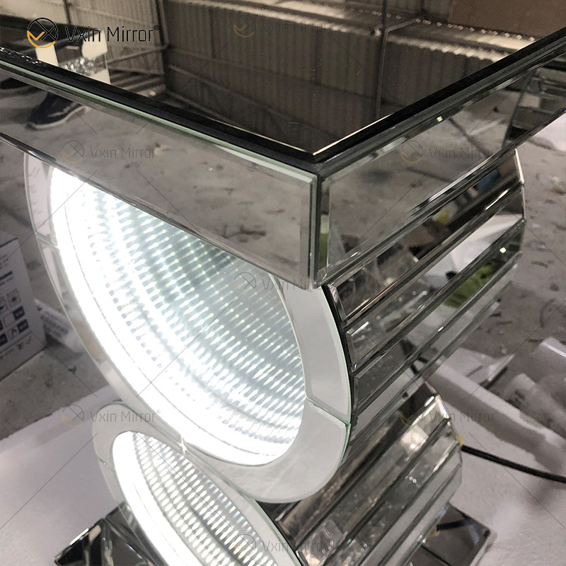 Mesa plateada LED 3d Mesa de centro Iluminada Infinito Espejo Túnel Brillo Espejo en forma de O Consola Mesa Mesa auxiliar WXF-290