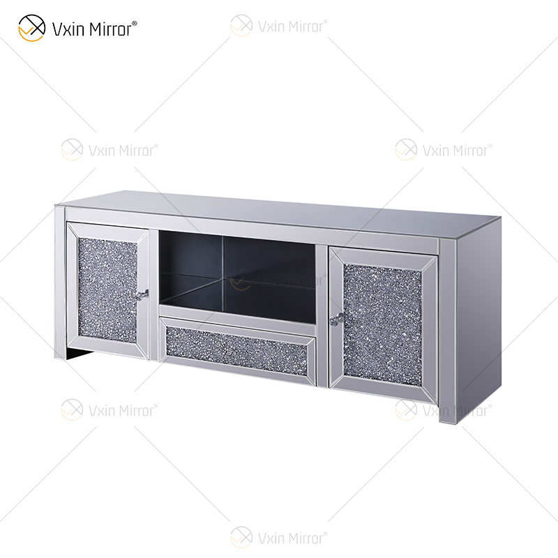 Venta al por mayor WXF-097 Muebles de sala de estar con espejo Diamante triturado Gabinete de plata 2 Cajones Espejo Soportes de TV