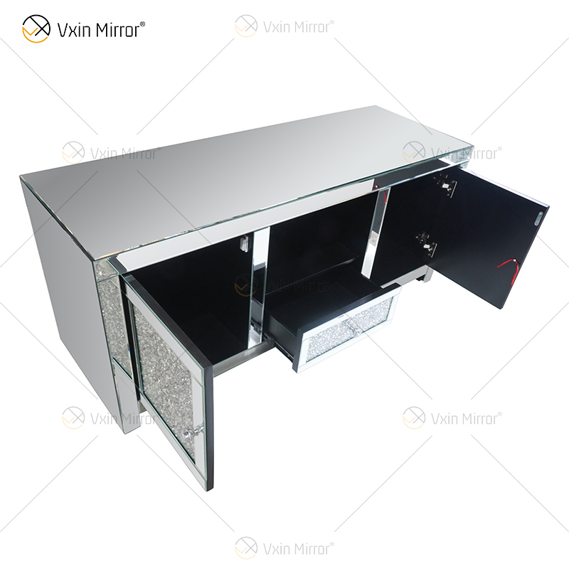 Venta al por mayor WXF-097 Muebles de sala de estar con espejo Diamante triturado Gabinete de plata 2 Cajones Espejo Soportes de TV