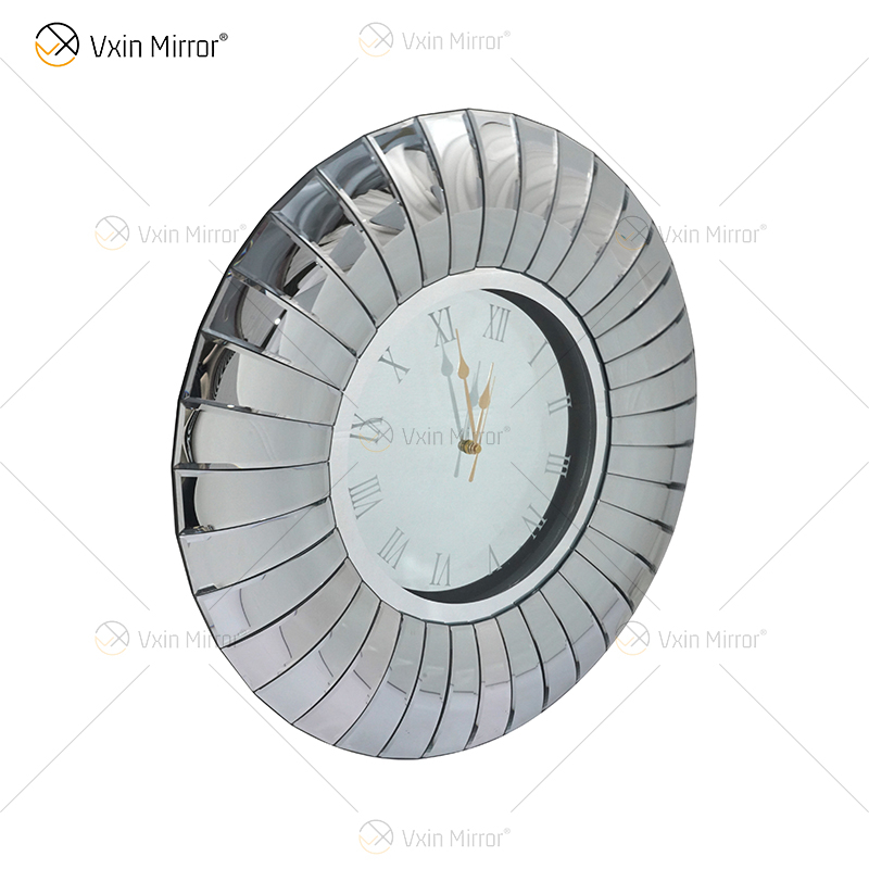Reloj con espejo WXMC-087 Decoración de pared con flexión plateada Reloj redondo de cristal elegante 3D