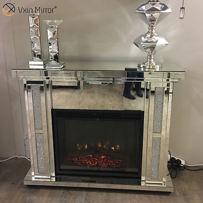 Chimenea de espejo de cristal de diamante triturado de lujo para decoración del hogar moderna con calentador en muebles de sala de estar WXWF-1098