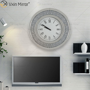 Reloj de pared con espejo redondo de diamante triturado WXMC-010 de plata moderna de gran oferta