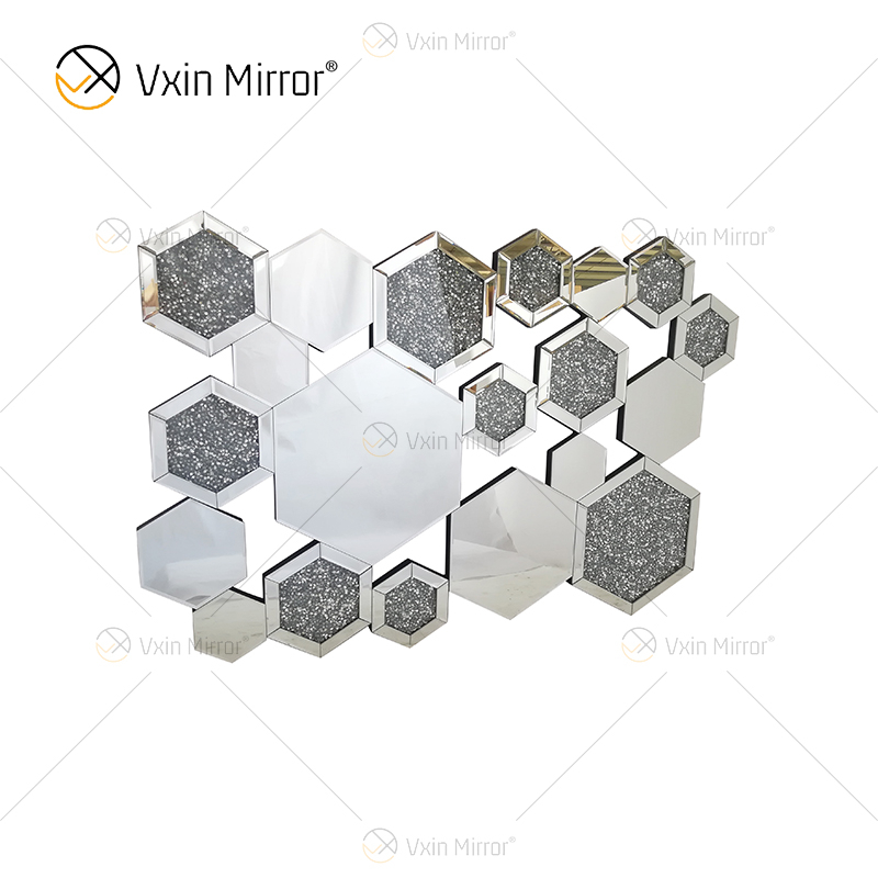 WXM-1778 Decoración de pared Espejo colgante de pared con nido de cristal de diamante triturado plateado