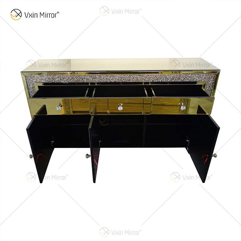 Decoración de lujo WXF-099 Gabinete de armario de diamantes machacados con espejo dorado con cajones Muti