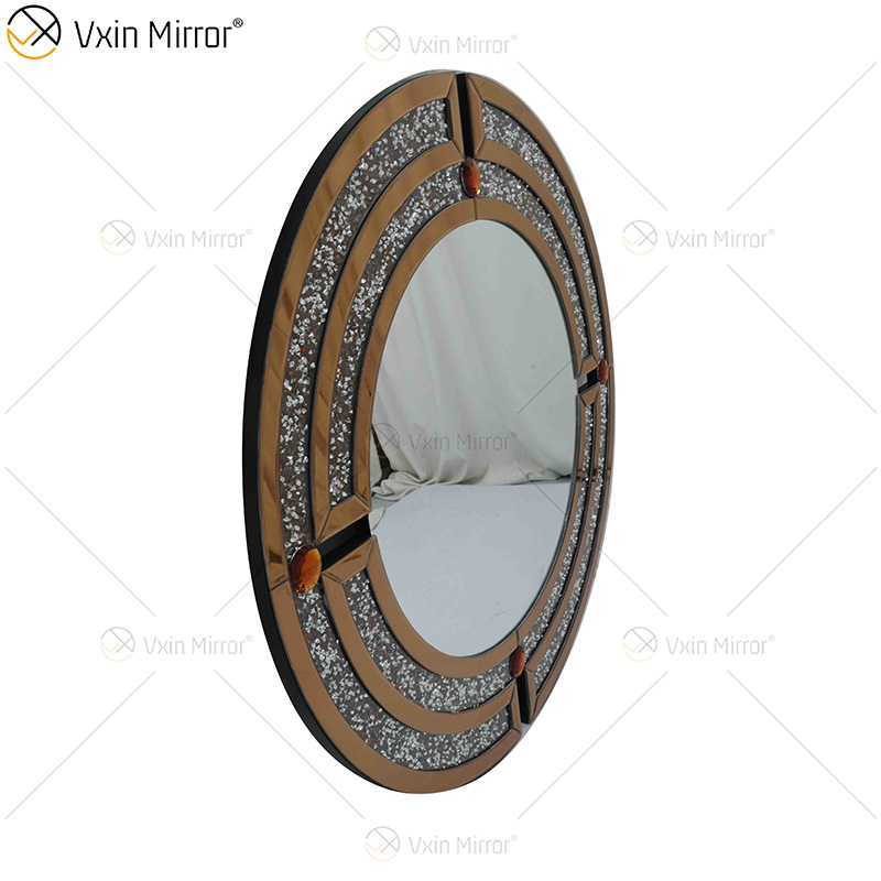 Venta al por mayor WXM-1130 Espejo de pared de diamante triturado redondo Espejo de pared de estilo de lujo marrón