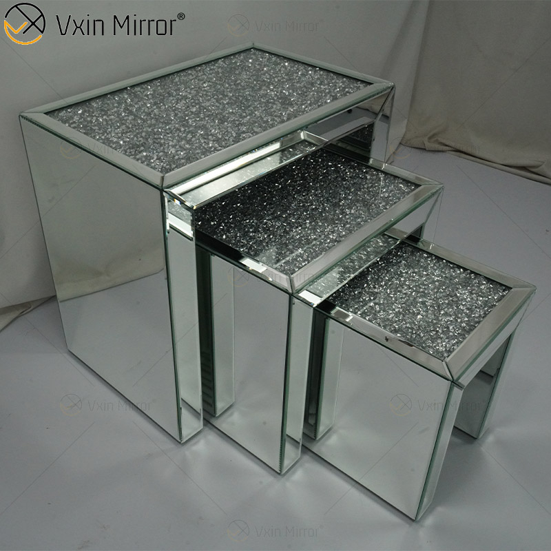Venta caliente ZH056 Mesa auxiliar cuadrada Vidrio plateado combinado moderno con mesas laterales de espejo de sala de estar con parte superior de diamante de cristal