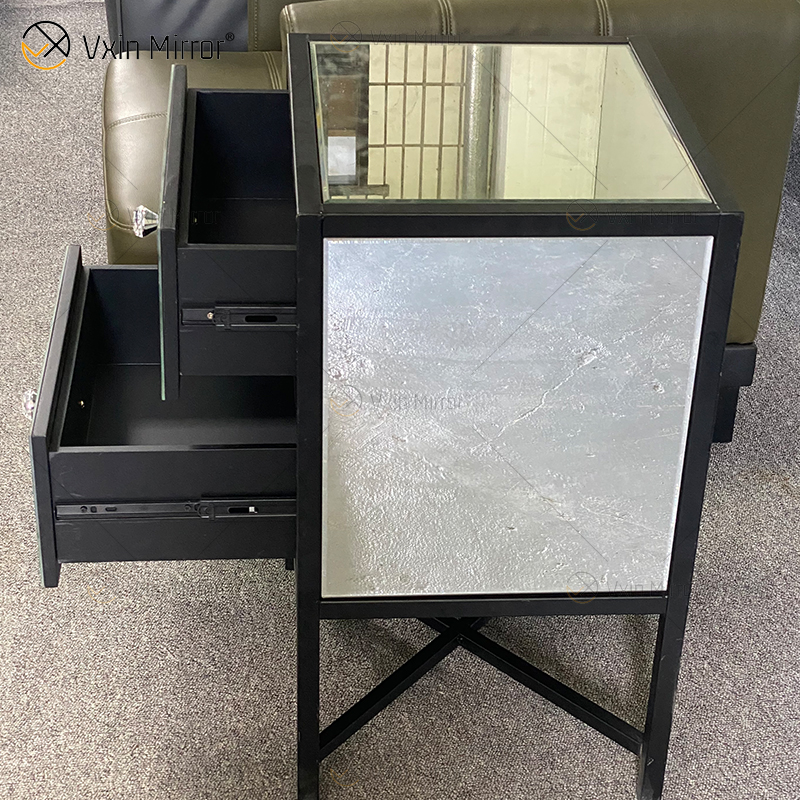 Mesita de noche de muebles de hierro forjado de vidrio plateado moderno de vanidad con 2 cajones mesita de noche con espejo para dormitorio