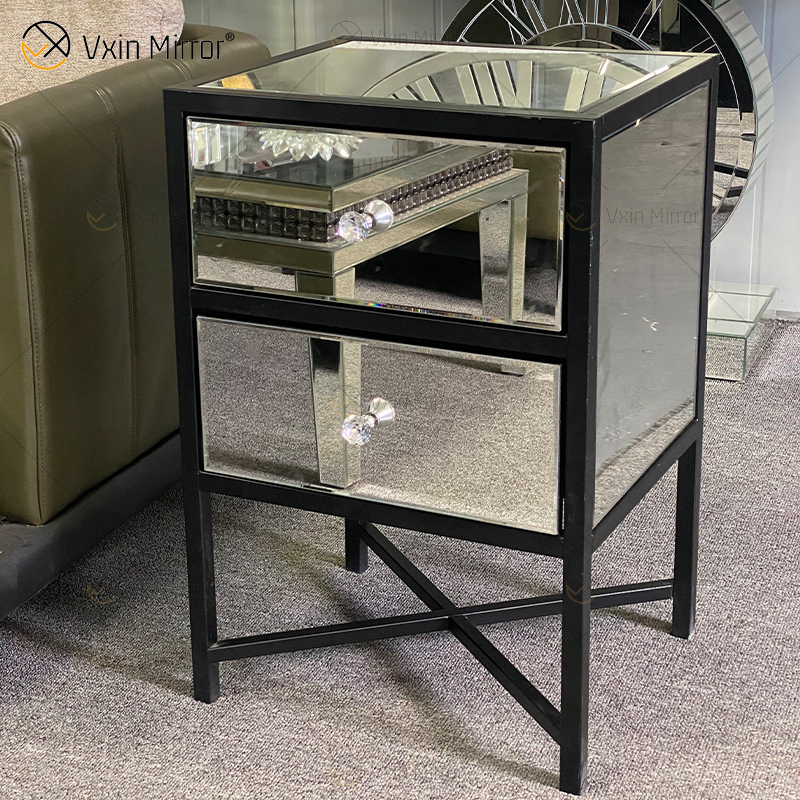 Mesita de noche de muebles de hierro forjado de vidrio plateado moderno de vanidad con 2 cajones mesita de noche con espejo para dormitorio