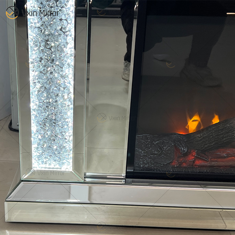 Nuevo diseño WXMF026-1 LED plata cristal sala de estar espejo chimenea con inserto interior