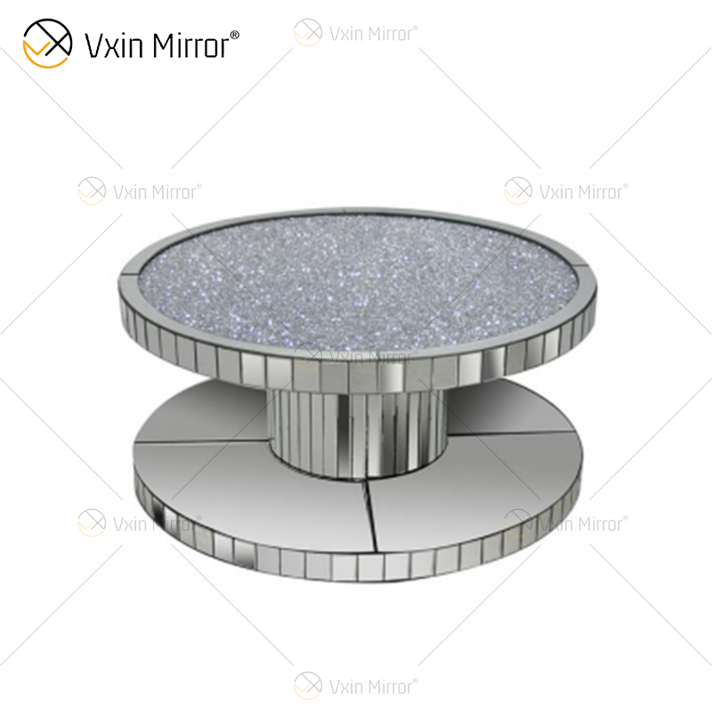 Vxin WXF-270-1 Mesa de centro redonda con espejo de diamante triturado brillante en 3D plateada cubierta con diamantes