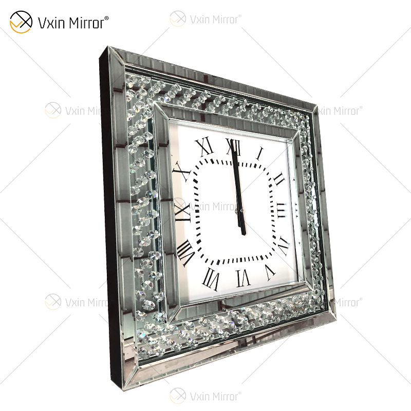 Barato WXMC-003 reloj espejo moderno reloj de pared de espejo de diamante machacado decorativo plateado