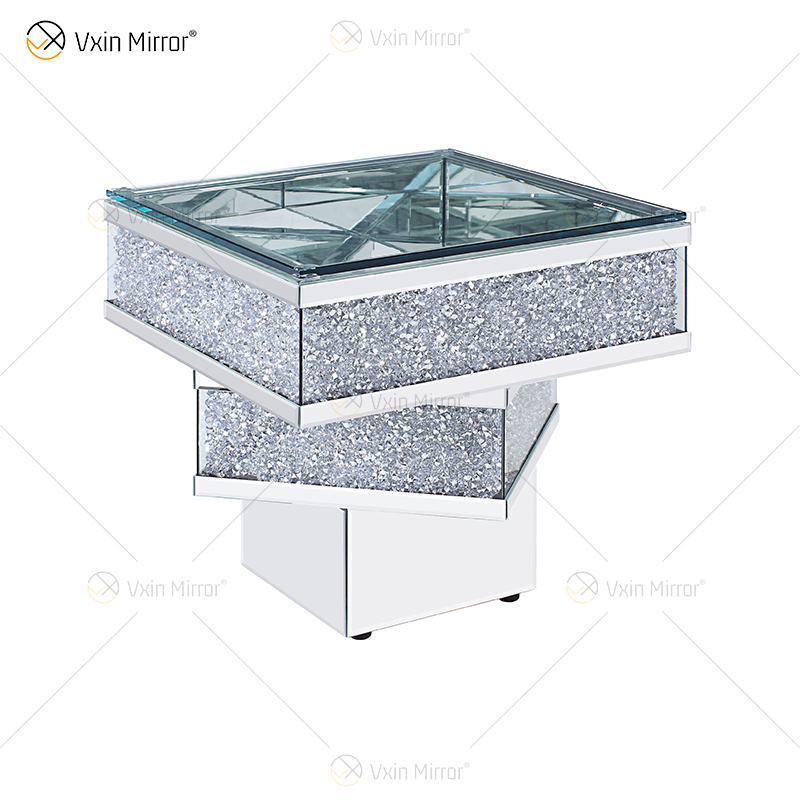 Vxin WXF-158-1 Mesa auxiliar de vidrio templado con espejo plateado y mesa auxiliar de diamante triturado 3D