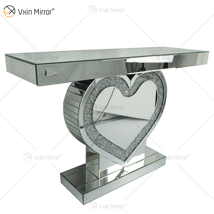 Mesa de consola de diseño de corazón de cristal plateado con suministro de fábrica de espejos Vxin con pasillo de espejo para muebles de sala de estar