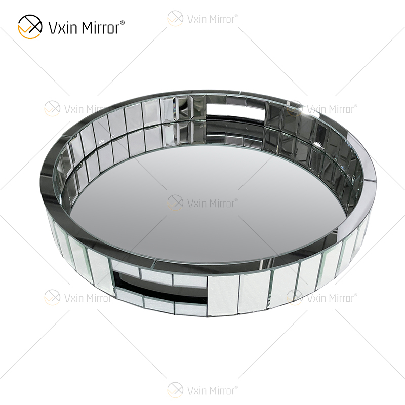 Espejo de mosaico de plata redondo, organizador de tocador, bandeja de espejo decorativa, bandeja de joyería de marcado de tocador, bandeja de plata para decoración del hogar WXMT-18