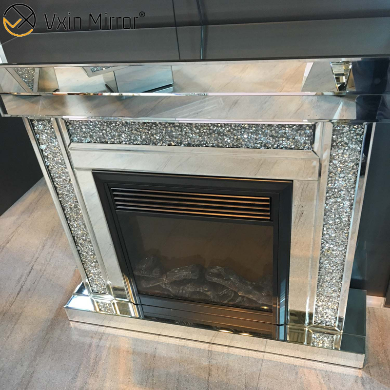 WXWF-1092 moderno para decoración del hogar, chimenea con espejo de diamante triturado de cristal de lujo con calentador en muebles de sala de estar