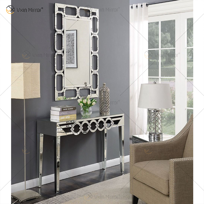Proveedor de China, moderna y famosa mesa de consola de cristal para sala de estar con diamantes plateados y aplastados