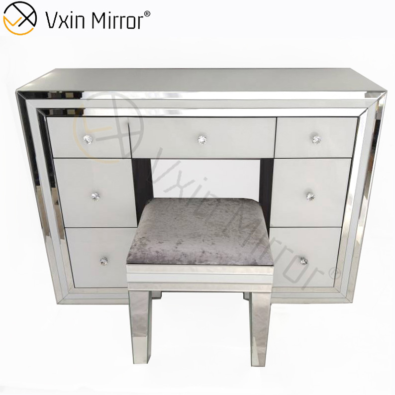 Juego de espejos blancos de venta caliente WXF-792 Tocador moderno con marco de plata con silla 7 cajones
