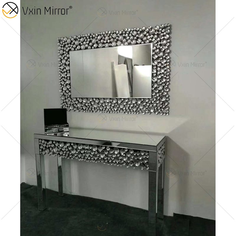 Pasillo de mesa de consola con espejo de diamante de cristal moderno plateado y marrón de alta calidad