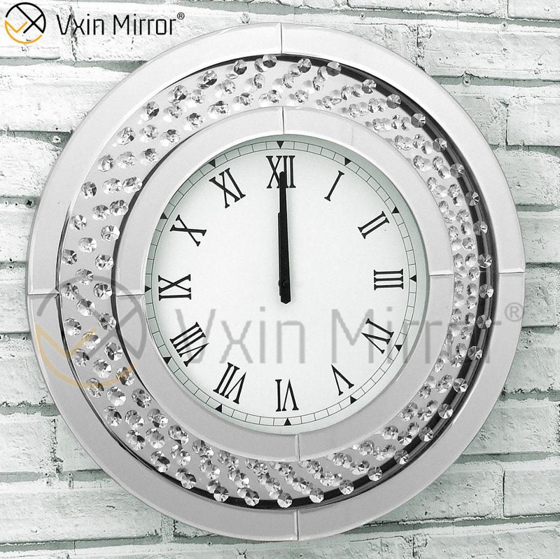 Redondo Grande Brillante Diamante triturado Biselado 50 cm Cristal flotante Reloj de pared con espejo plateado WXC-009